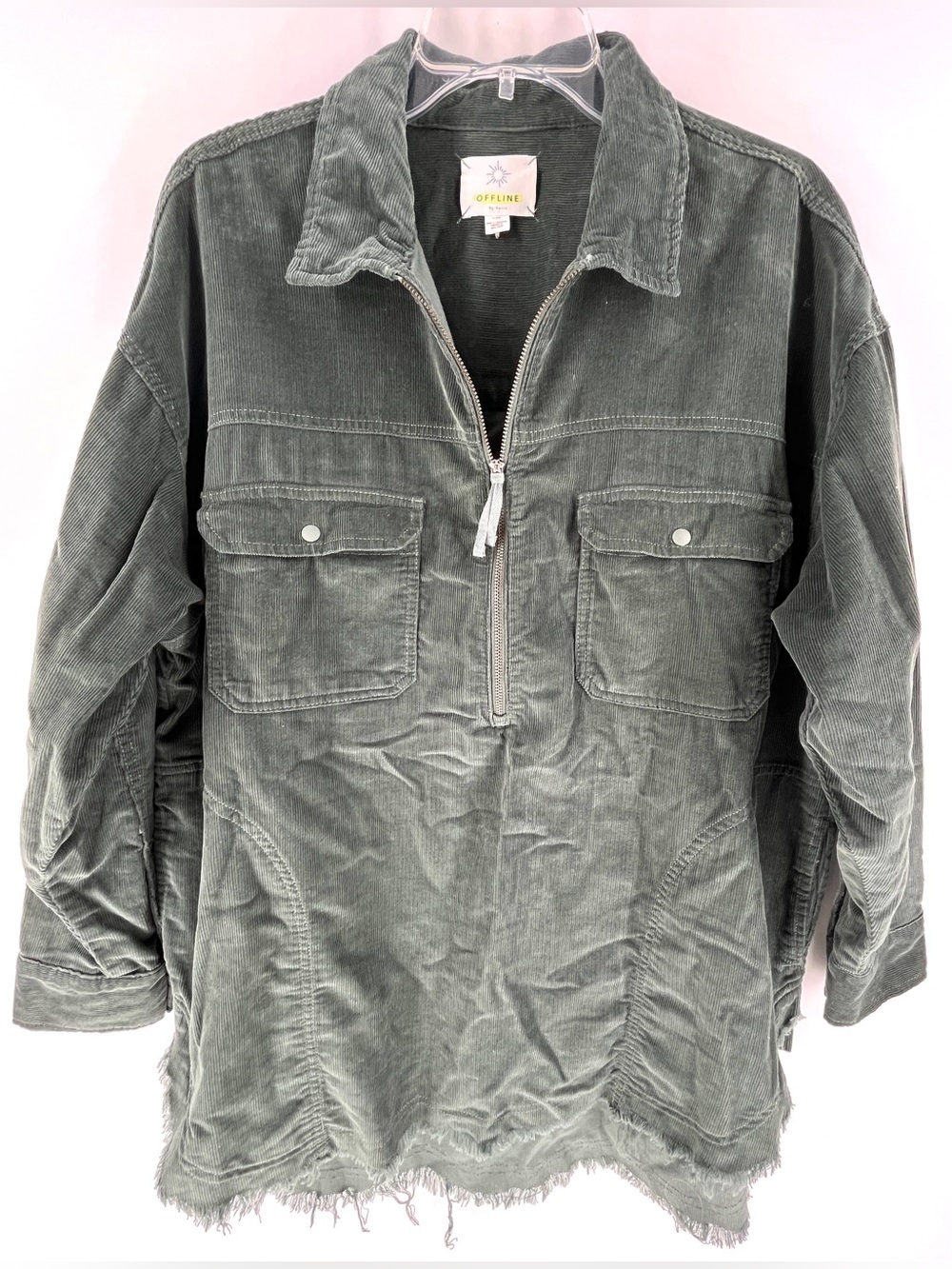 OFFLINE by Aerie Green Corduroy Half Zip Anorak Shacket Pullover Raw Hem M